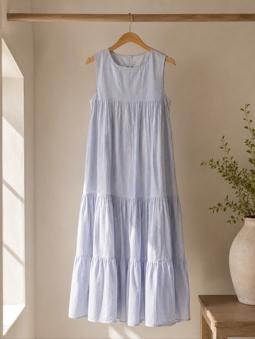 Shade Amour Blue Stripe Cotton Tiered Midi Maxi Dress Size Small Coastal - Picture 3 of 9